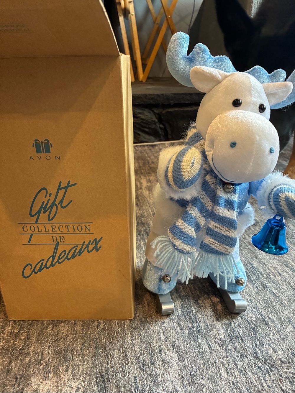 Avon Light Blue & White Plush Moose Holiday Figurine